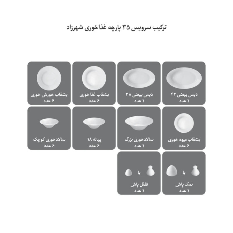 سرویس غذاخوری چینی زرین سفید لب طلا 35 پارچه 6 نفره مدل شهرزاد